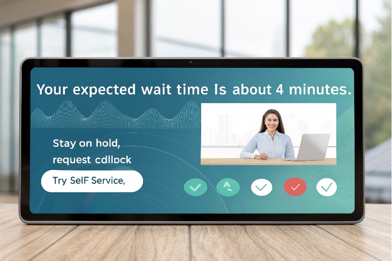 Tablet screen informing caller of expected wait time with self service and callback options