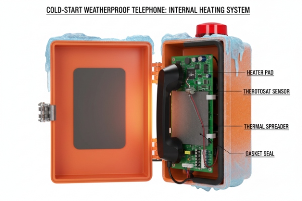 Cold-start weatherproof phone diagram showing internal heater pad, sensor and gasket seal