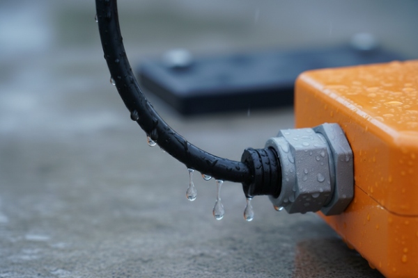 Close-up of sealed cable gland on orange emergency phone enclosure with water droplets