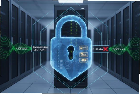 Data center security graphic showing VPN management VLAN isolated from voice VLAN traffic