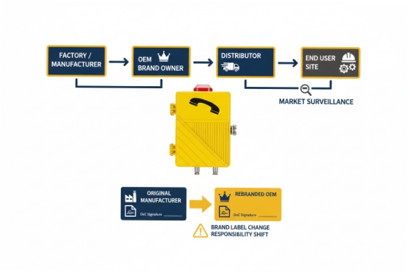 OEM supply chain diagram showing brand responsibility and EU market surveillance steps