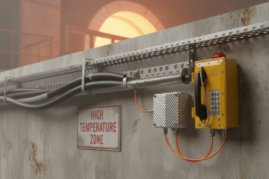 Wall-mounted industrial emergency phone in high temperature zone with armored conduit and junction box