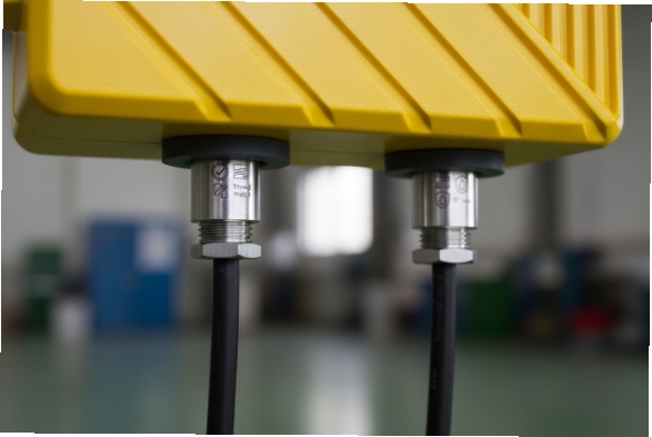 Dual cable glands on yellow enclosure showing sealed industrial wiring entry