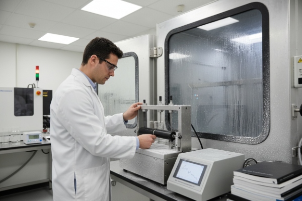 Lab engineer measuring seal performance using test fixture inside environmental chamber