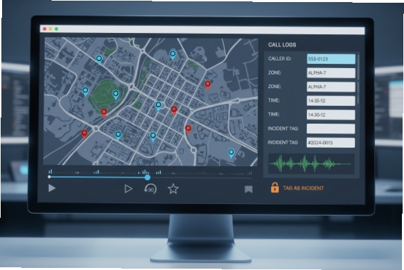 Monitoring screen showing mapped call logs playback timeline and incident tagging interface