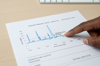 Hand pointing at EMC test report showing frequency spectrum and peak levels