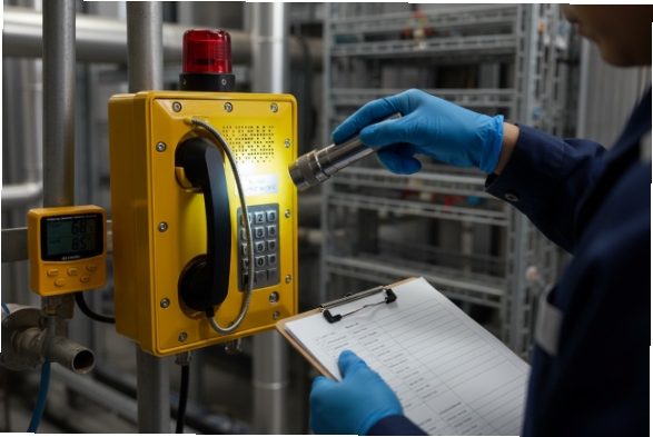 Technician inspecting explosion-proof SIP phone with flashlight and maintenance checklist