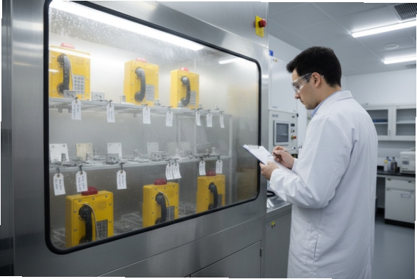 Lab technician inspects multiple explosion-proof SIP phones during environmental chamber testing