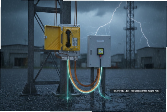 Lightning storm protection setup for SIP emergency phone with control cabinet and fiber optic surge isolation
