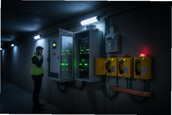 Technician beside control cabinet with multiple tunnel SIP emergency phones and status beacons