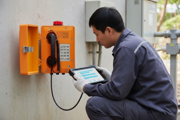 Technician using tablet to verify orange SIP emergency phone status during maintenance