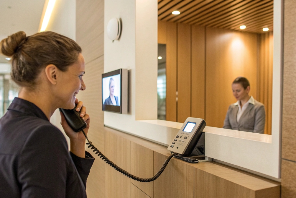 Receptionist using a desk intercom phone at a lobby window while a video monitor beside her shows the person she is speaking with, in a modern office interior.
