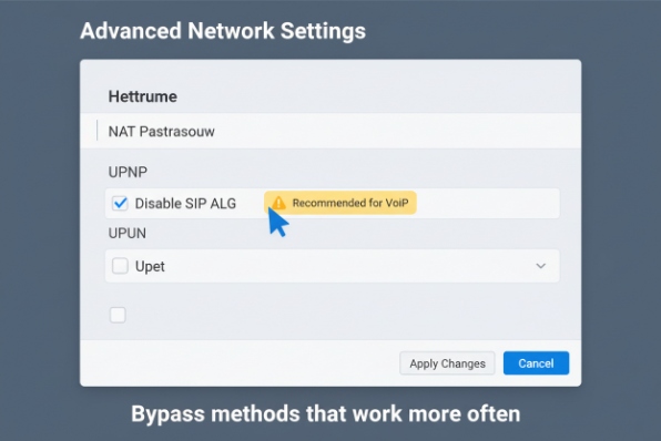 Router advanced network settings screenshot recommending disabling SIP ALG for VoIP