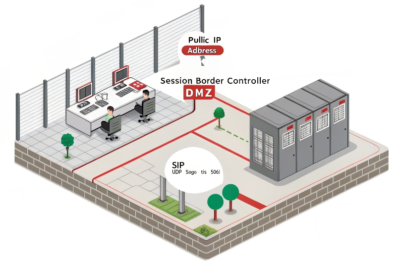 Isometric data-center diagram showing a Session Border Controller in a DMZ with public IP handling inbound SIP traffic