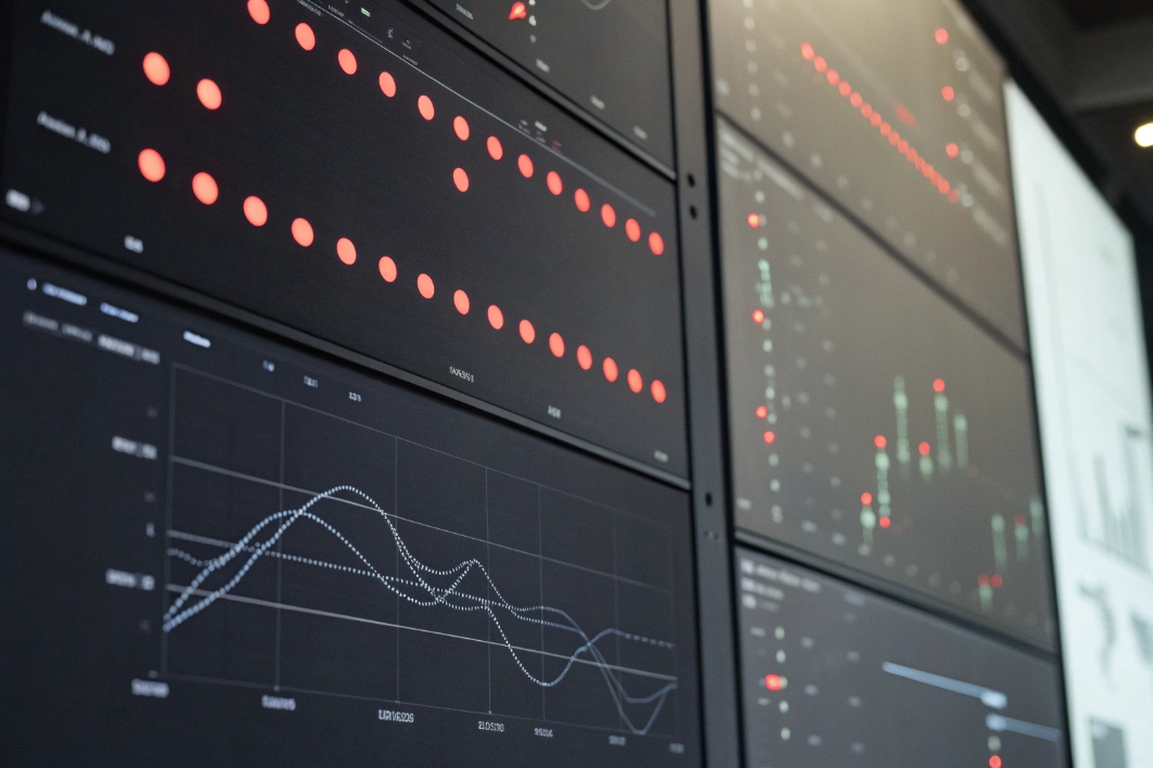 Multiple wall screens displaying real time VoIP traffic analytics and security performance graphs