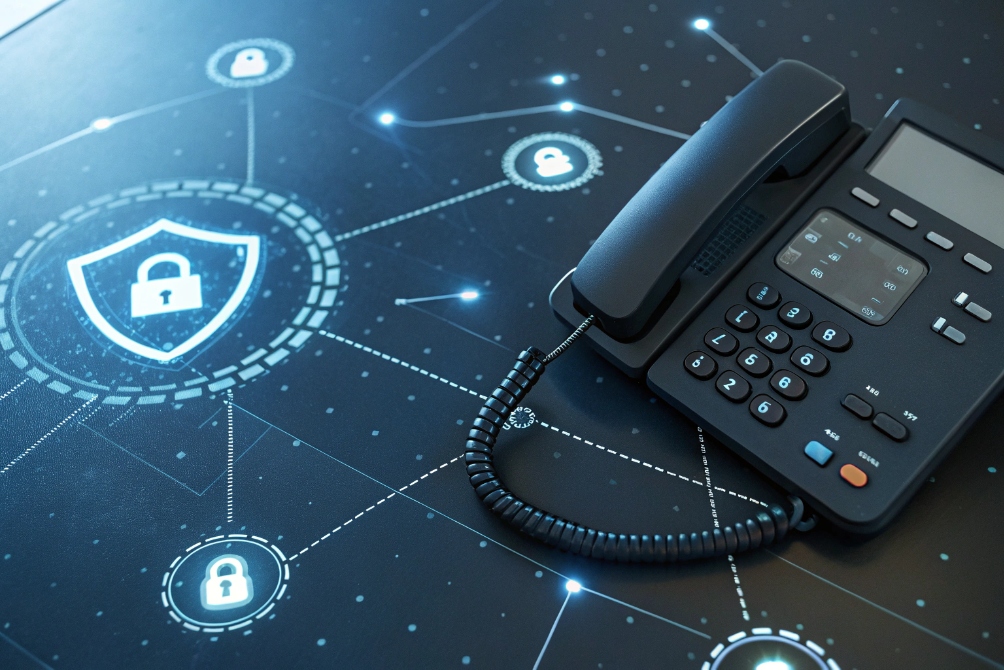 Secure VoIP desk phone on digital network security background with padlock icons