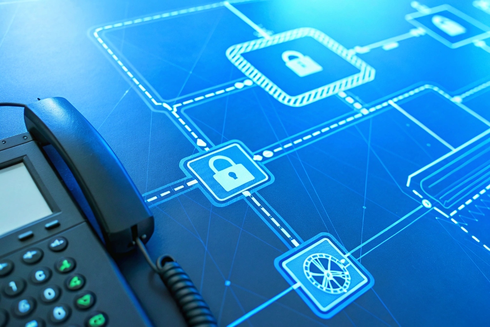 Desk IP phone on a table next to a glowing blue schematic of a secure network, with padlock symbols and dotted paths indicating encrypted VoIP communications.
