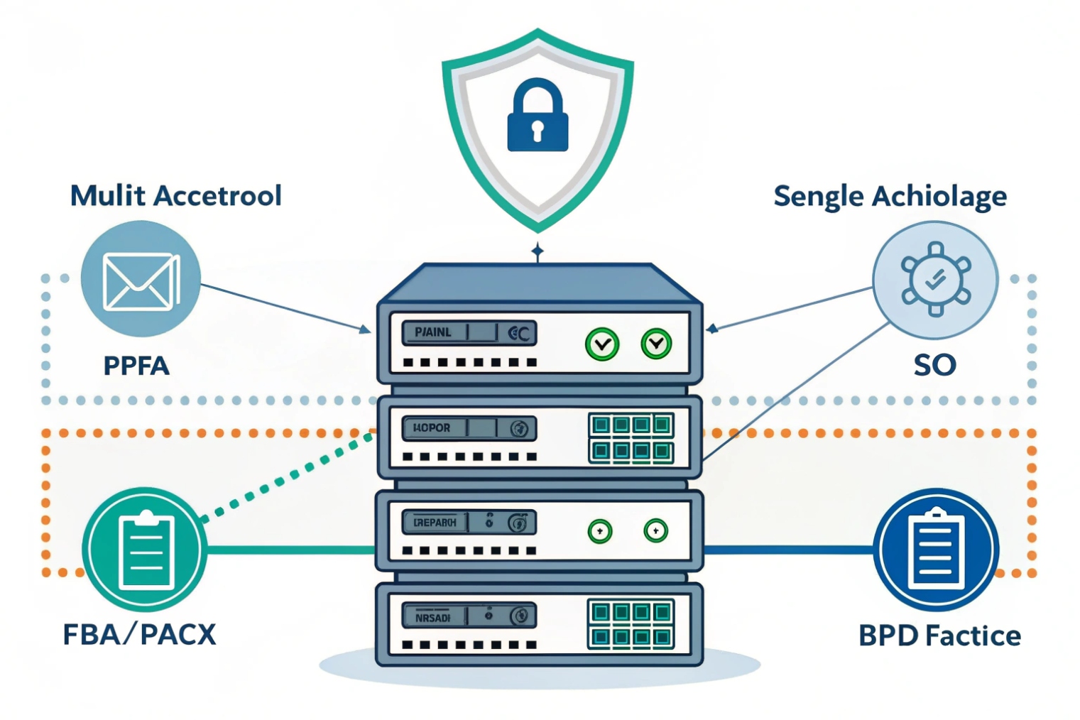 Stack of secured network appliances under a shield icon, connected by dotted lines to multiple access tools and policy systems, representing centralized secure access and single policy enforcement