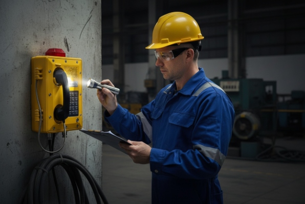 Technician inspecting wall-mounted industrial SIP emergency phone during maintenance check