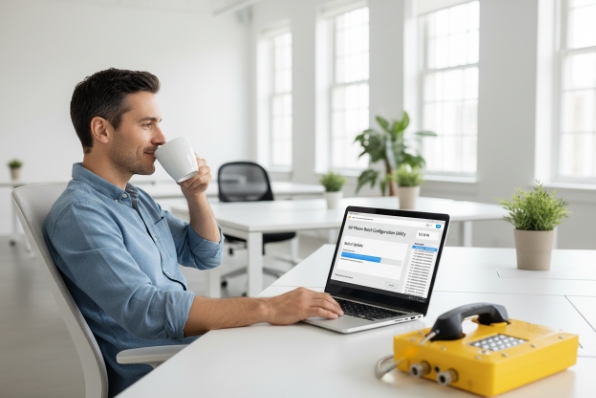 Office user configuring device on laptop with yellow industrial phone on desk
