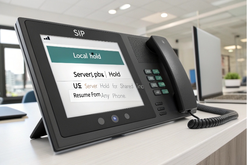 VoIP phone display explaining local hold versus server or PBX hold for shared line calls