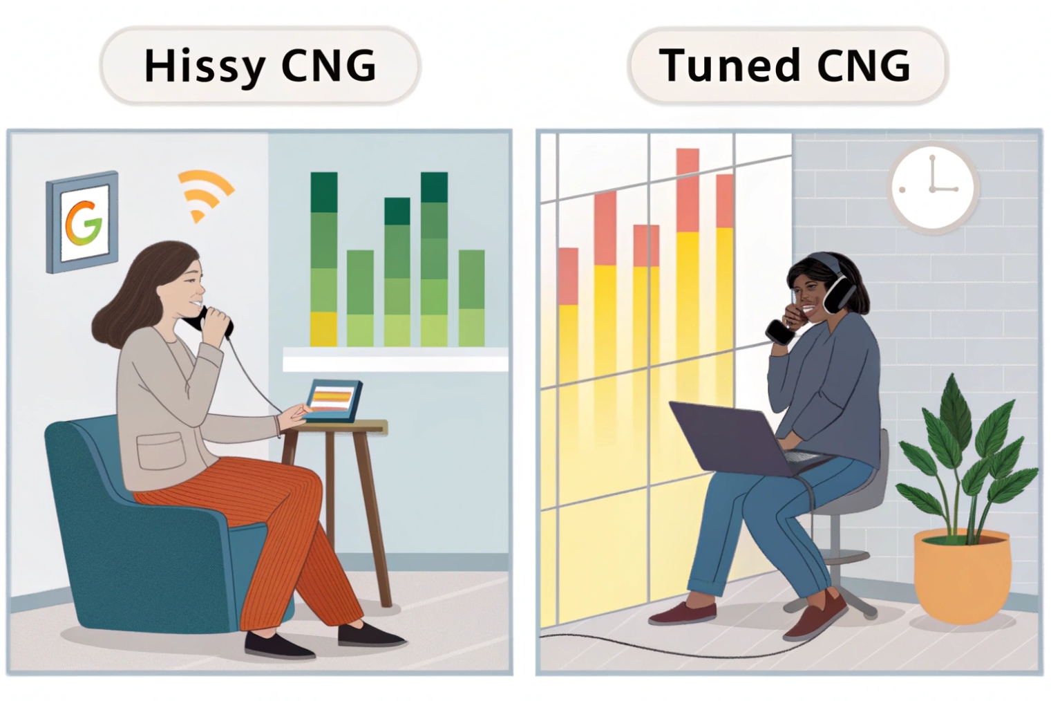 Comparison of hissy comfort noise and tuned CNG during VoIP calls