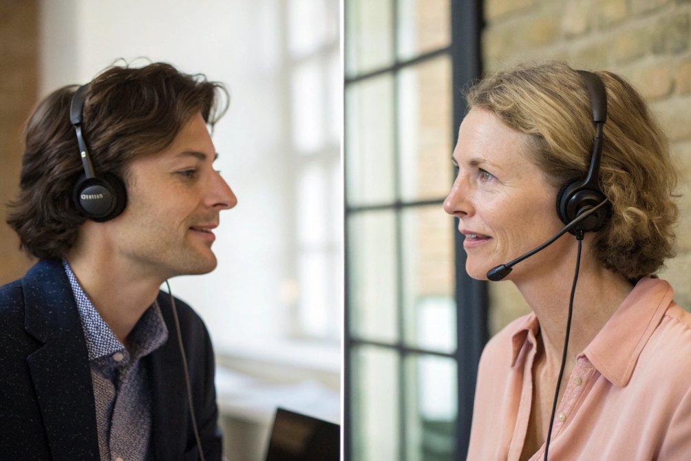 Two customer service agents talking through professional VoIP headsets in office