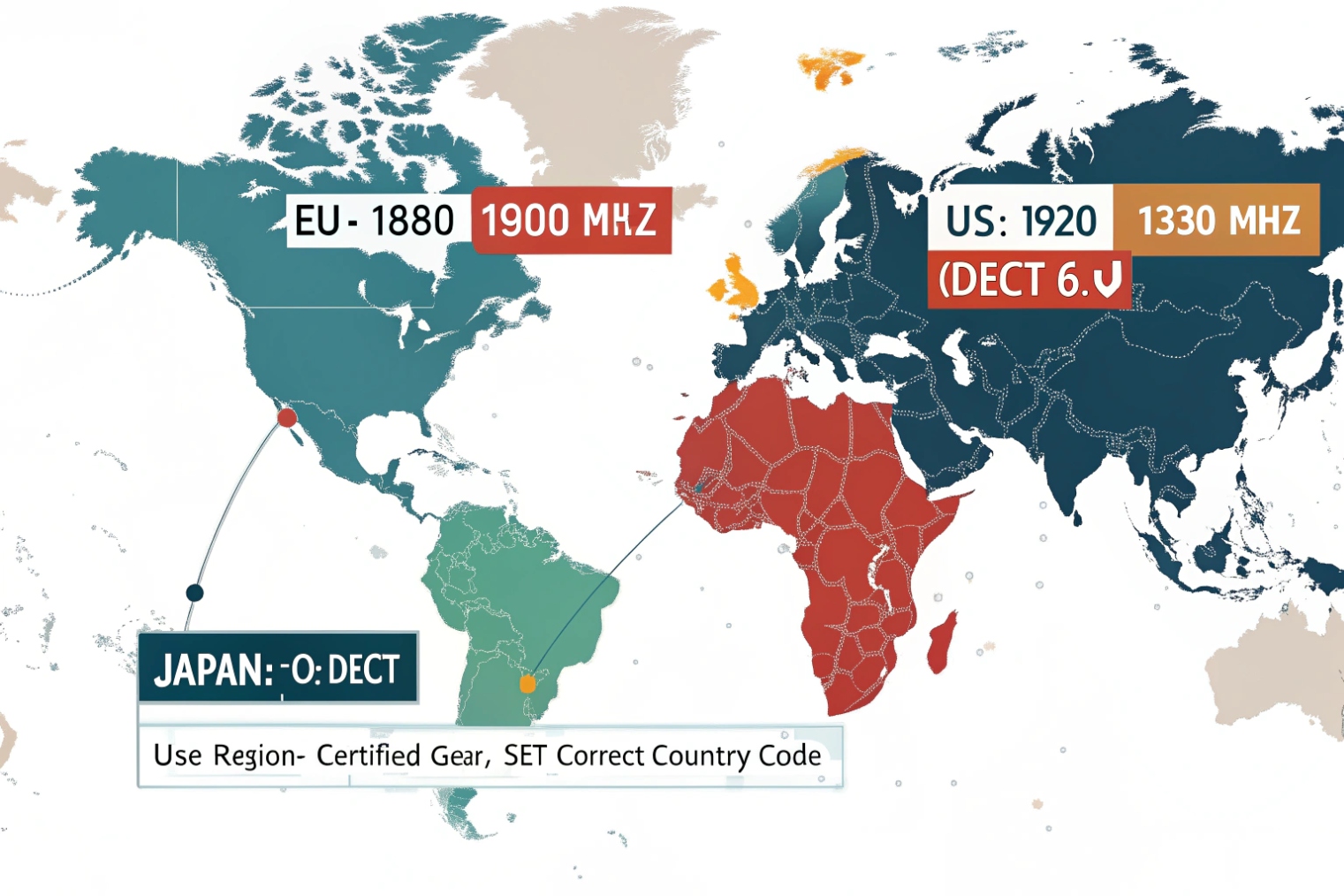 World map of regional DECT frequencies