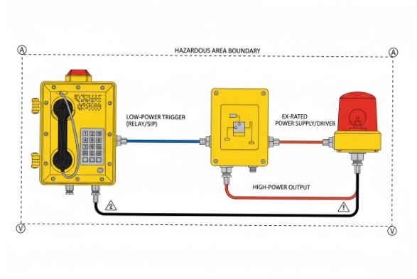Hazardous area wiring diagram linking explosion-proof phone to strobe via ex-rated driver