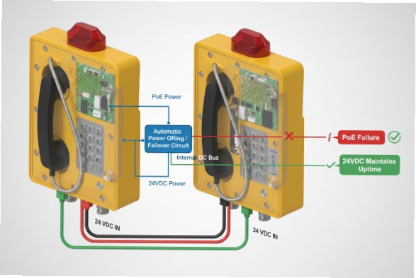 Redundant PoE and 24VDC failover wiring keeps explosion-proof SIP phone online