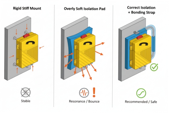 Mounting guide showing isolation pad and bonding strap for industrial SIP phone
