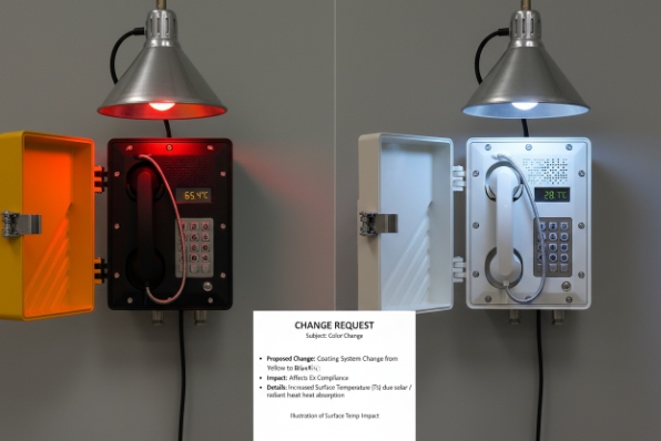 Side-by-side phones showing surface temperature reduction after color change request under heat lamp