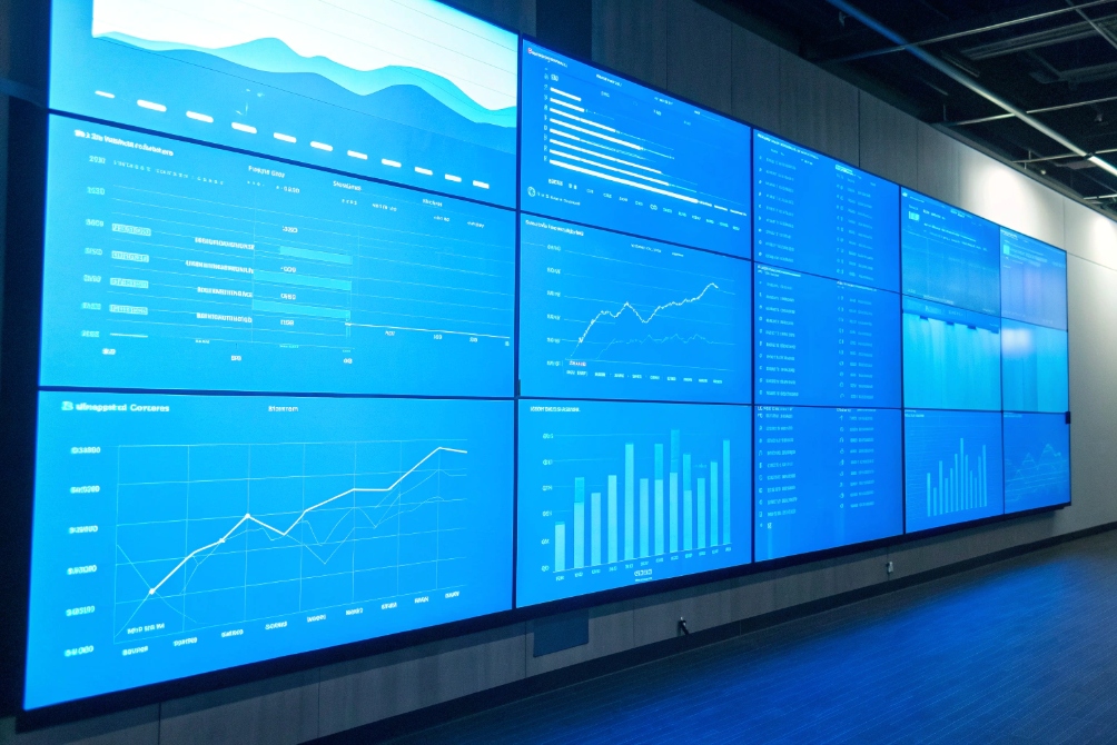 Dimly lit monitoring room featuring a multi-screen video wall entirely filled with blue dashboards showing line graphs, bar charts, and tables for real-time operational metrics.