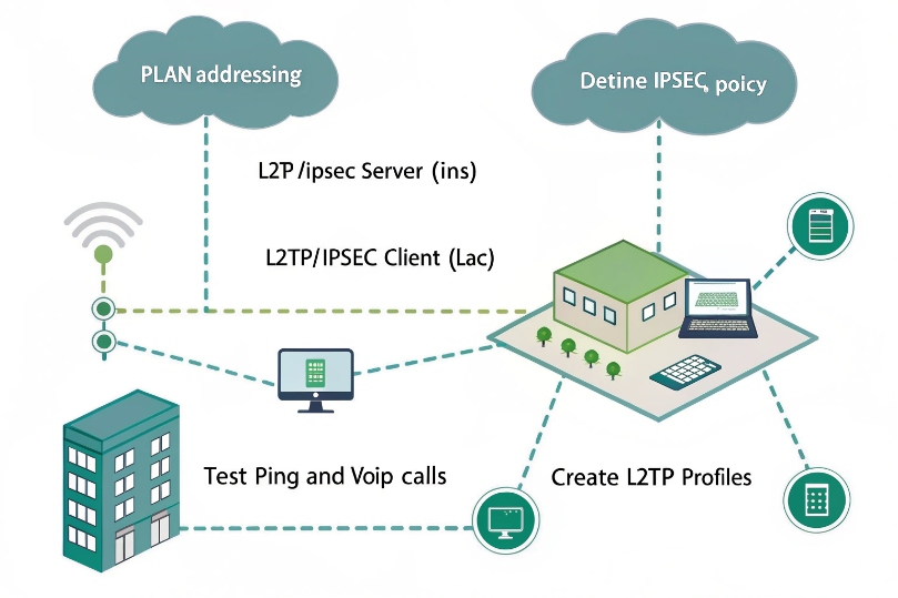 Enterprise L2TP IPsec deployment diagram with server, client, addressing, VoIP test calls