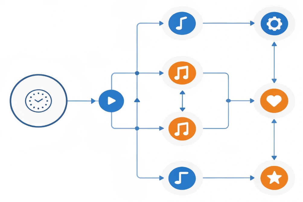 Call flow diagram with scheduled music prompts and customer experience icons