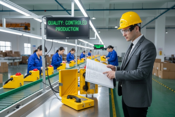 Factory quality control inspecting yellow emergency phones on production line under controlled manufacturing