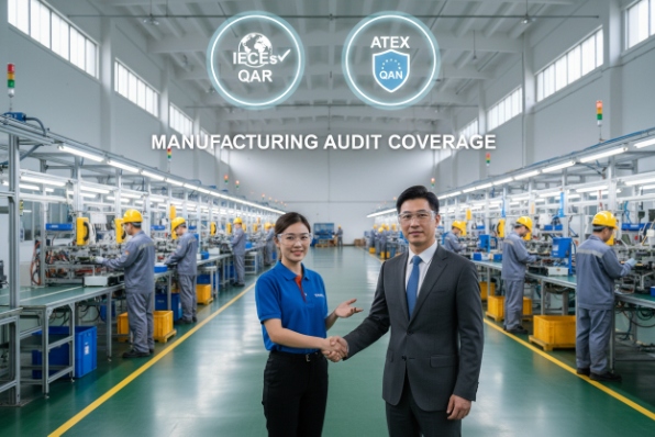 Manufacturing line scene showing IECEx QAR and ATEX QAN audit coverage with handshake