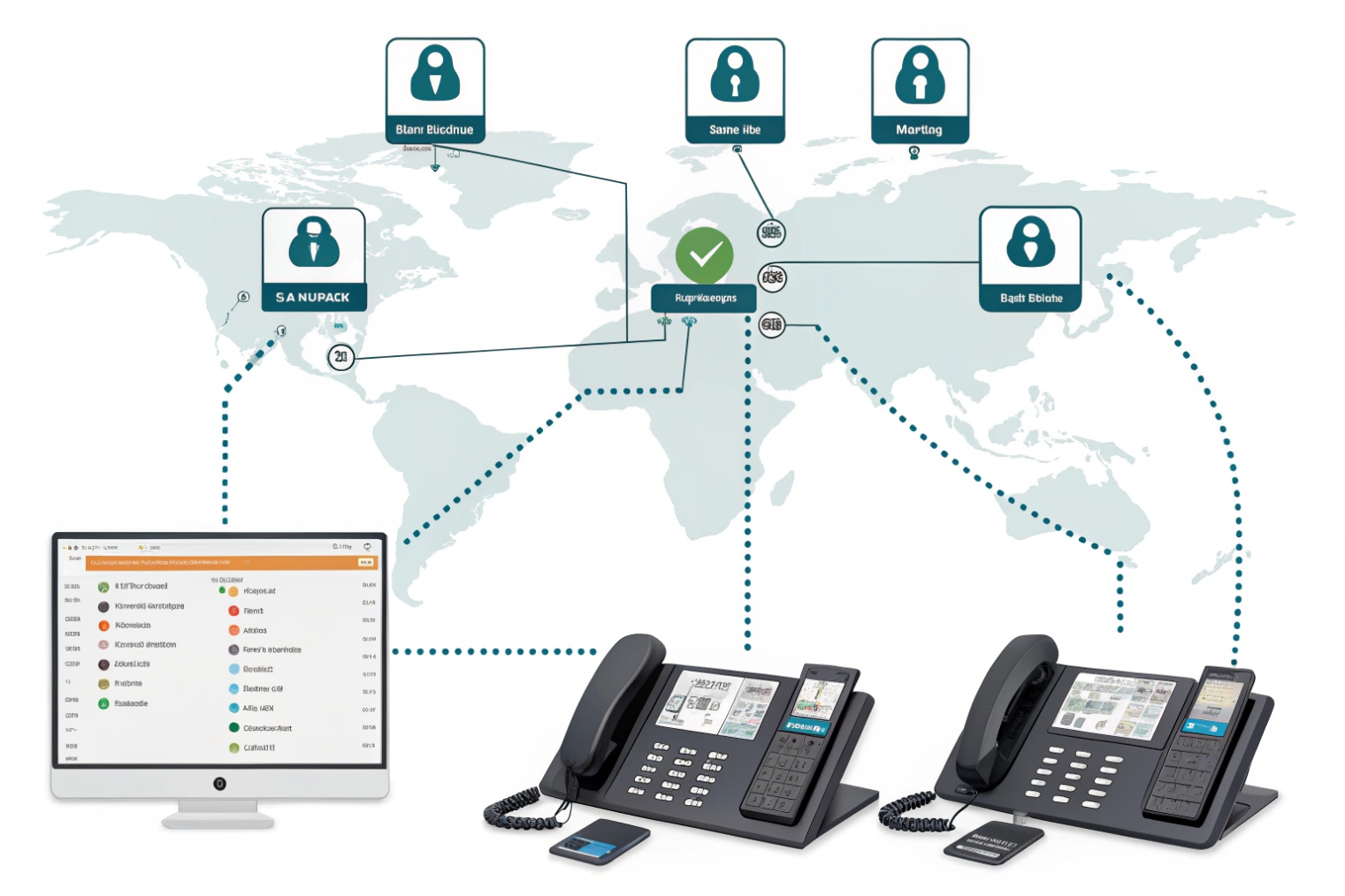 Global SIP telephony deployment map with secure remote agents, IP desk phones and softphone dashboard