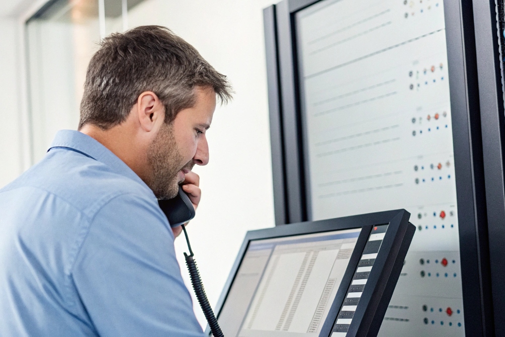 Engineer using corded phone while managing server infrastructure in data center