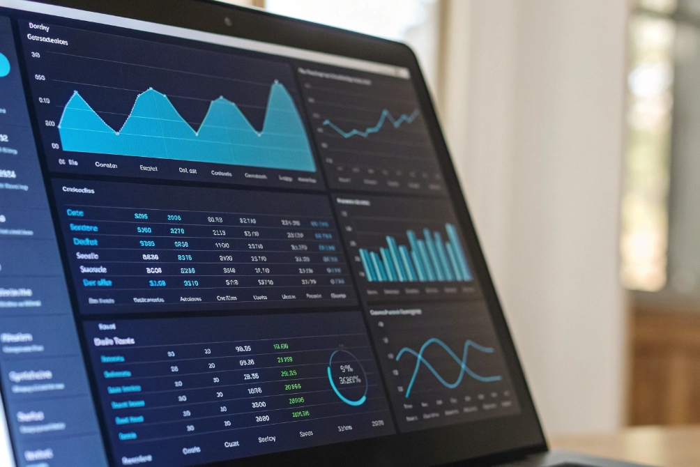 Laptop displaying business analytics dashboard with charts and performance metrics
