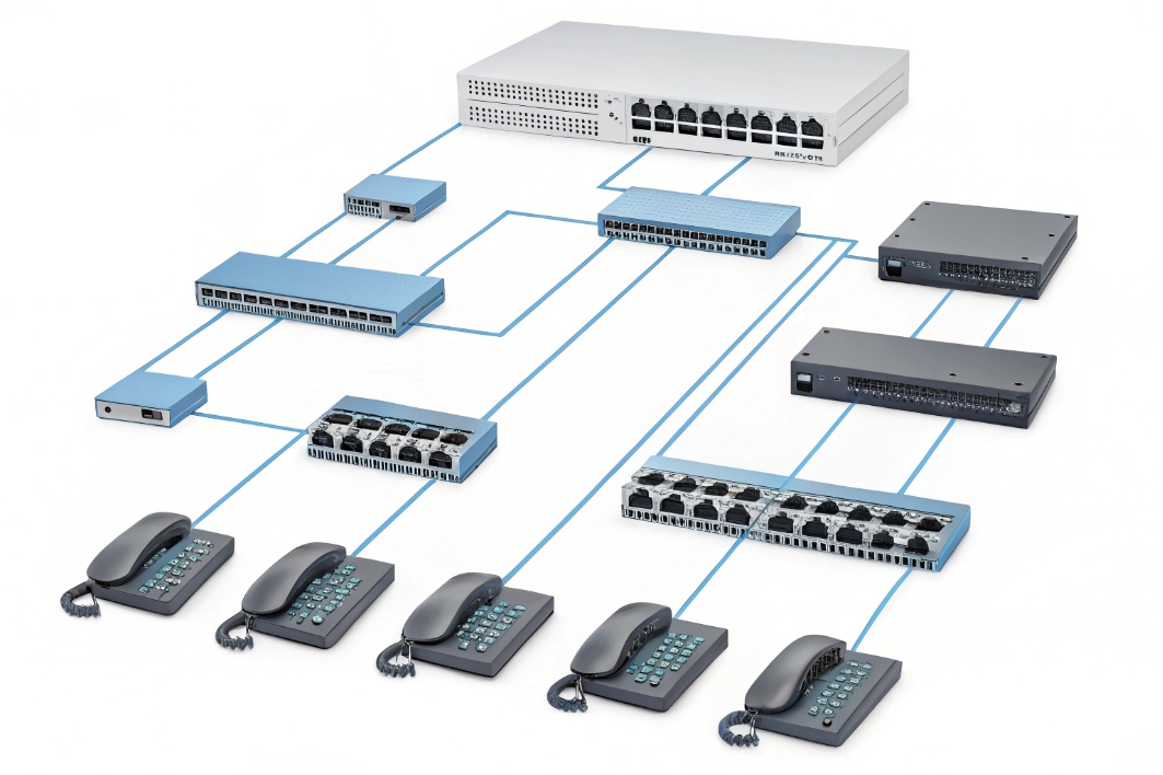 IP PBX system topology with VoIP gateways, switches and multiple office phones