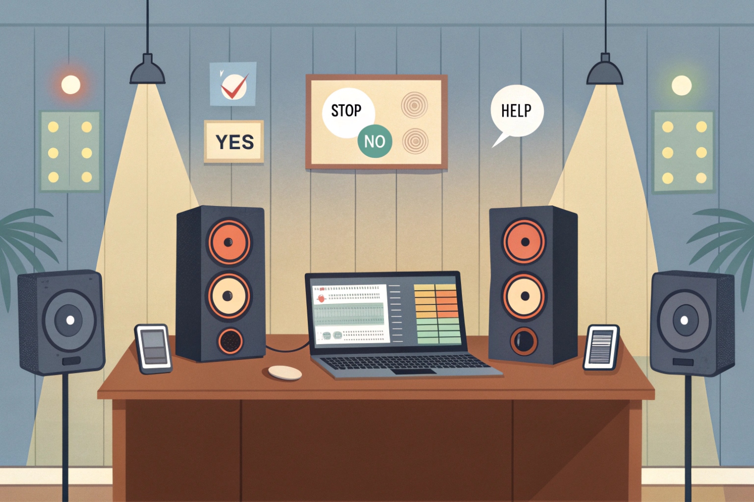 Audio control room with laptop speakers and voice command signs yes no help