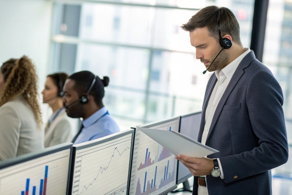 Call center team collaborating and managing customer interactions