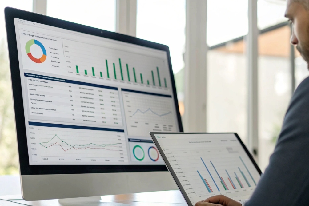 Business analytics, manager reviewing performance data