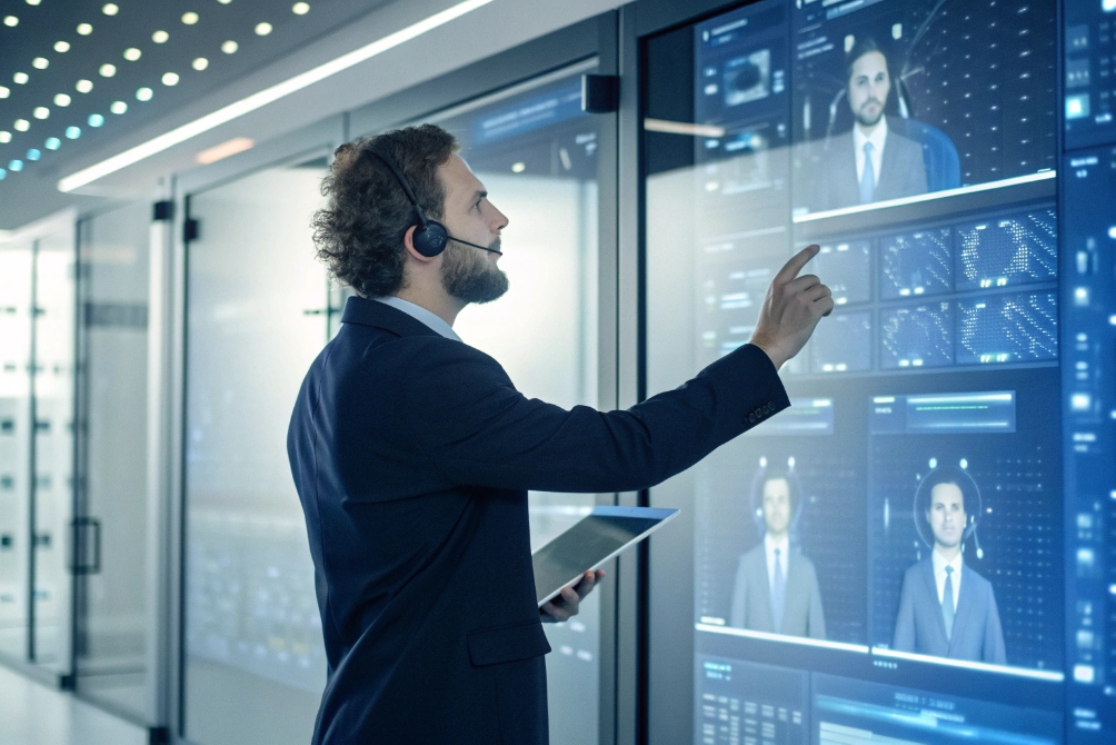 Professional in a suit working with high-tech touch screen system