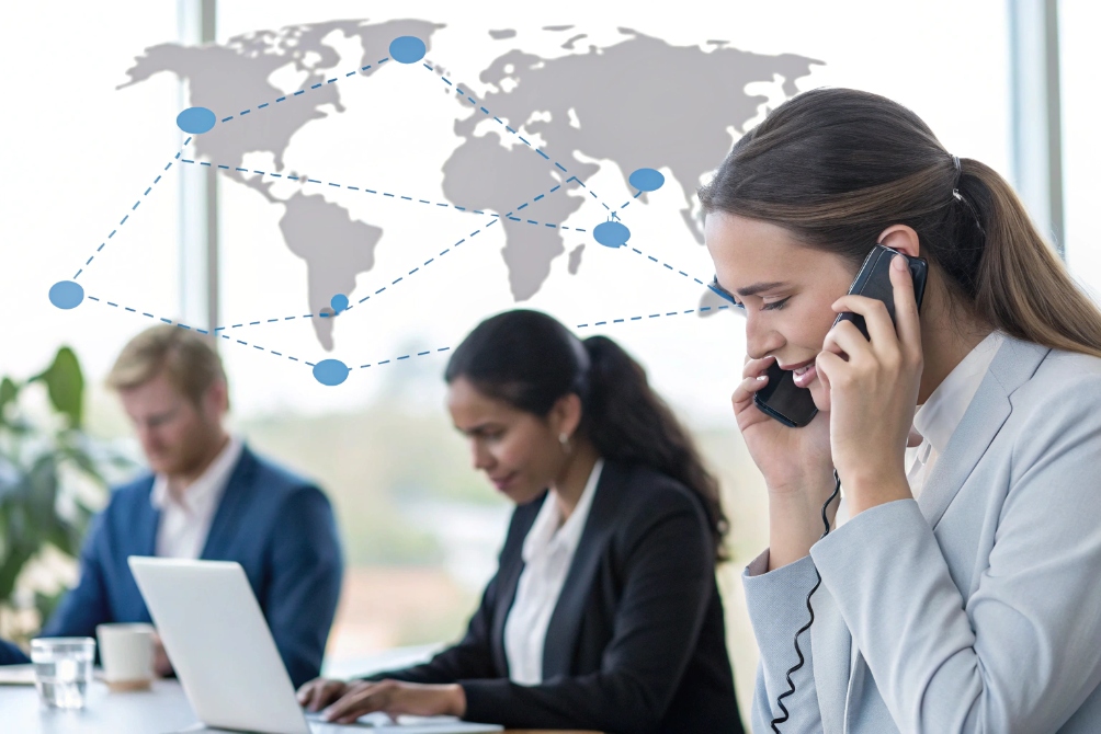 Global communication network with business team on the phone