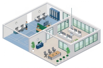 Isometric office layout diagram for IP PBX and VoIP network deployment planning