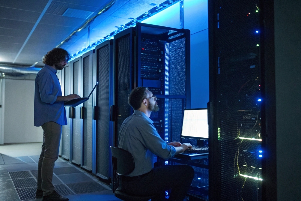 IT professionals working in data center with servers