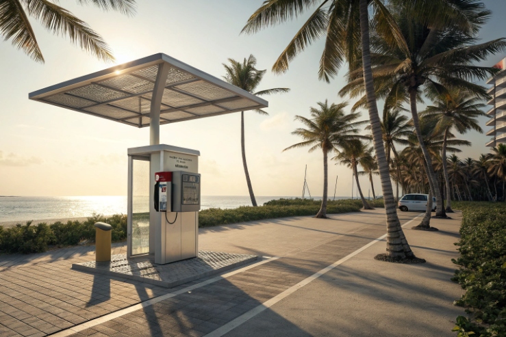 Outdoor emergency phone booth near seaside promenade with palm trees, sunlit coastal setting.