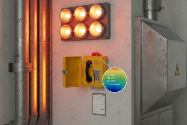 Explosion-proof wall phone under beacon lights with temperature class indicator in corridor